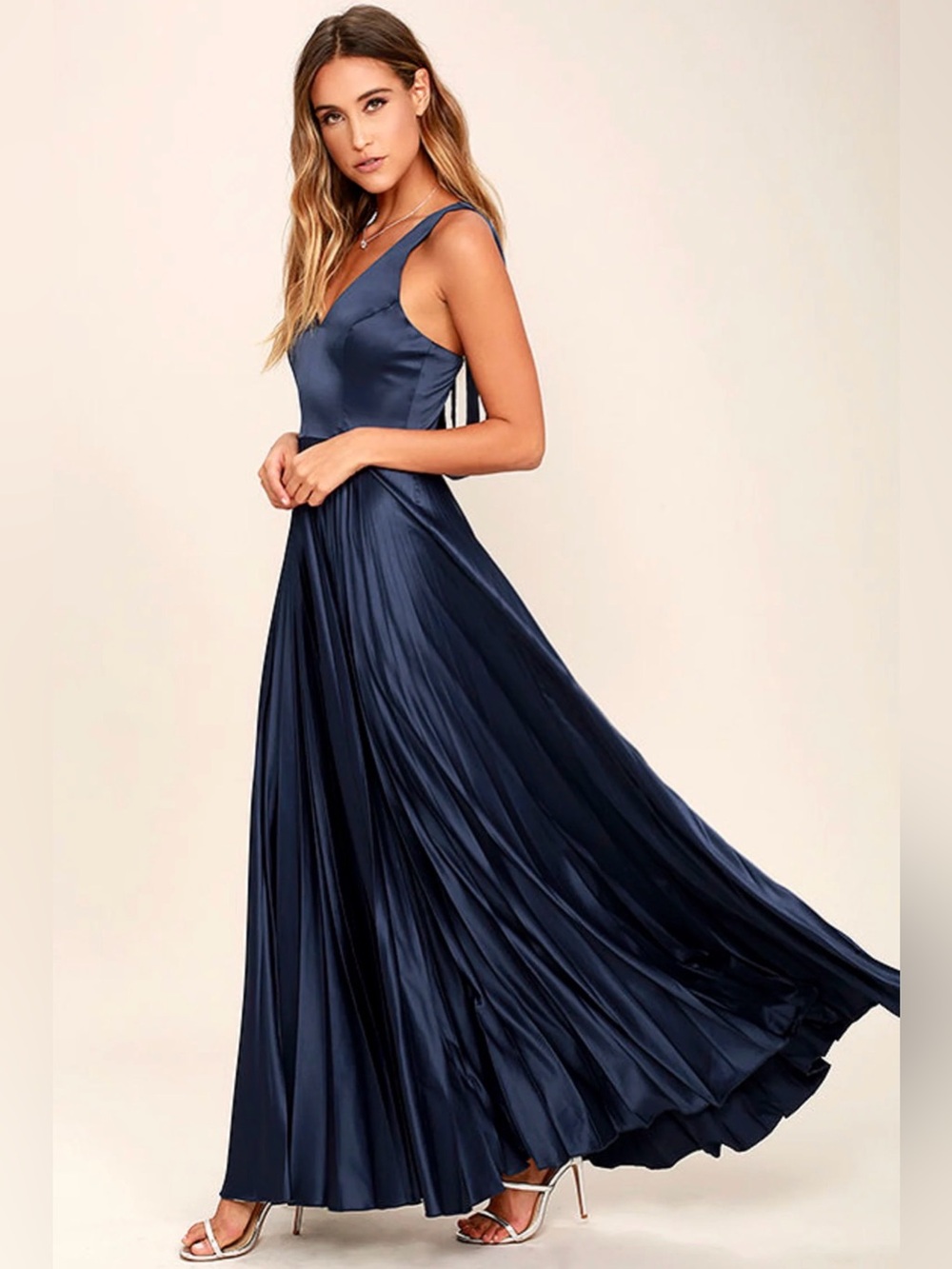 Lulu's Epic Night Navy Satin Pleated Maxi Dress - V-Neck Sleeveless